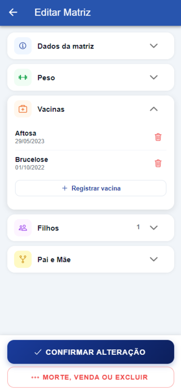 Tela de Histórico Sanitário do app Rebanho Fácil