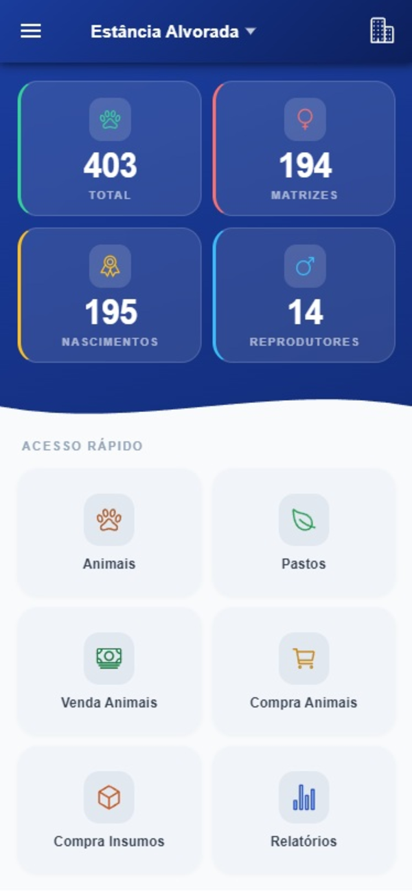 Tela inicial do app Rebanho Fácil com resumo do rebanho e atalhos