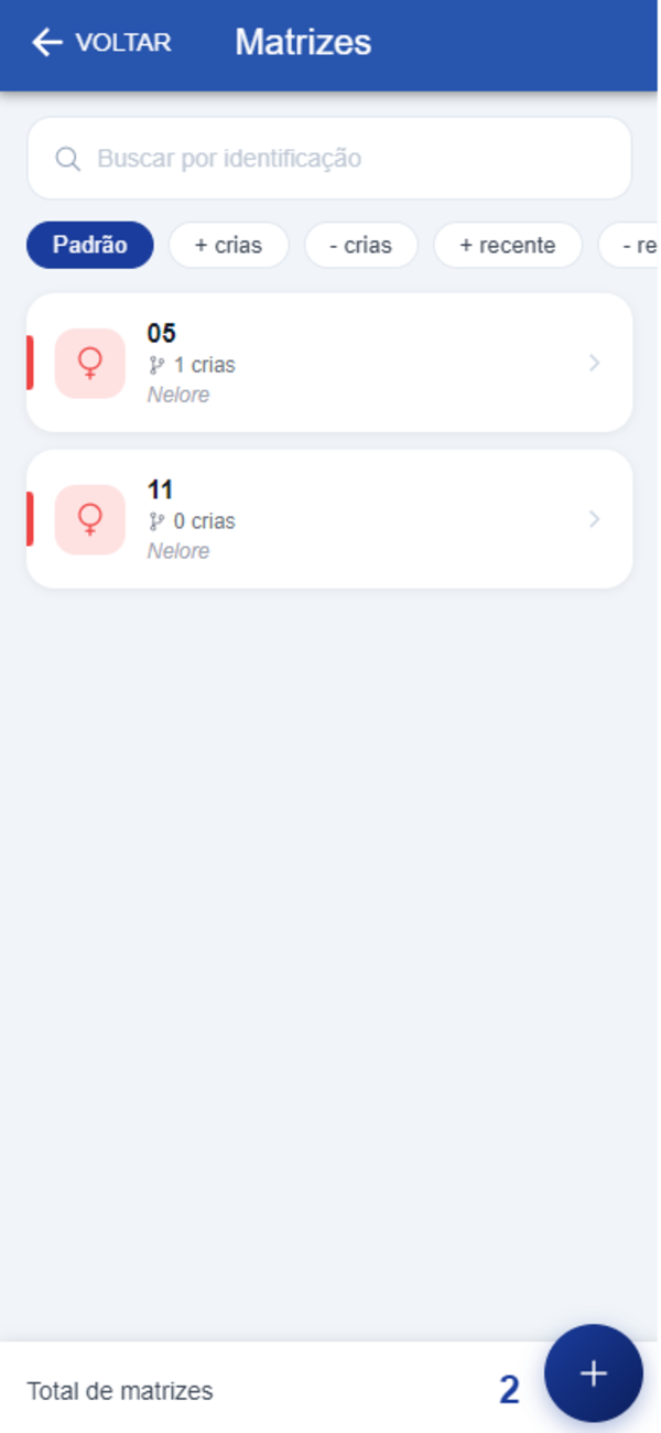 Tela de Matrizes do app Rebanho Fácil