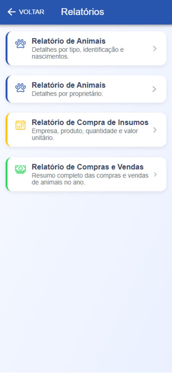 Tela de Relatórios do app Rebanho Fácil